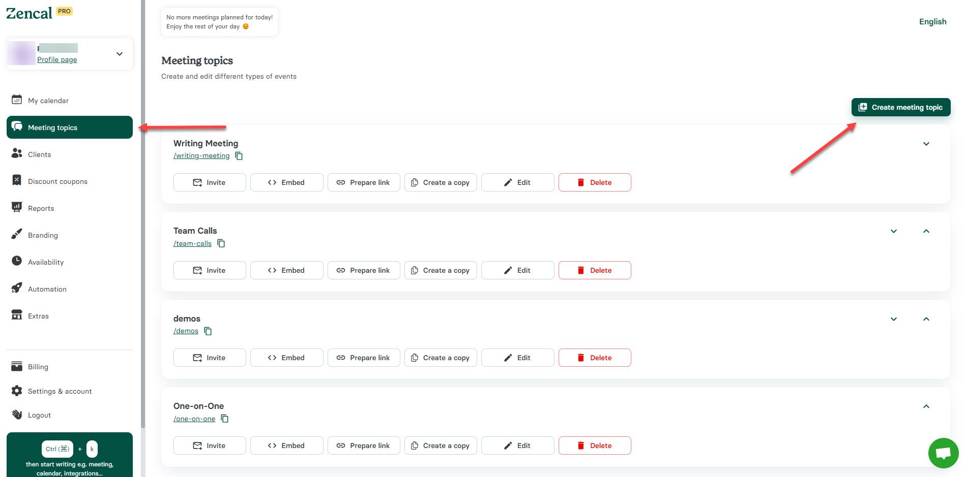 Click Create Meeting Topic in Zencal