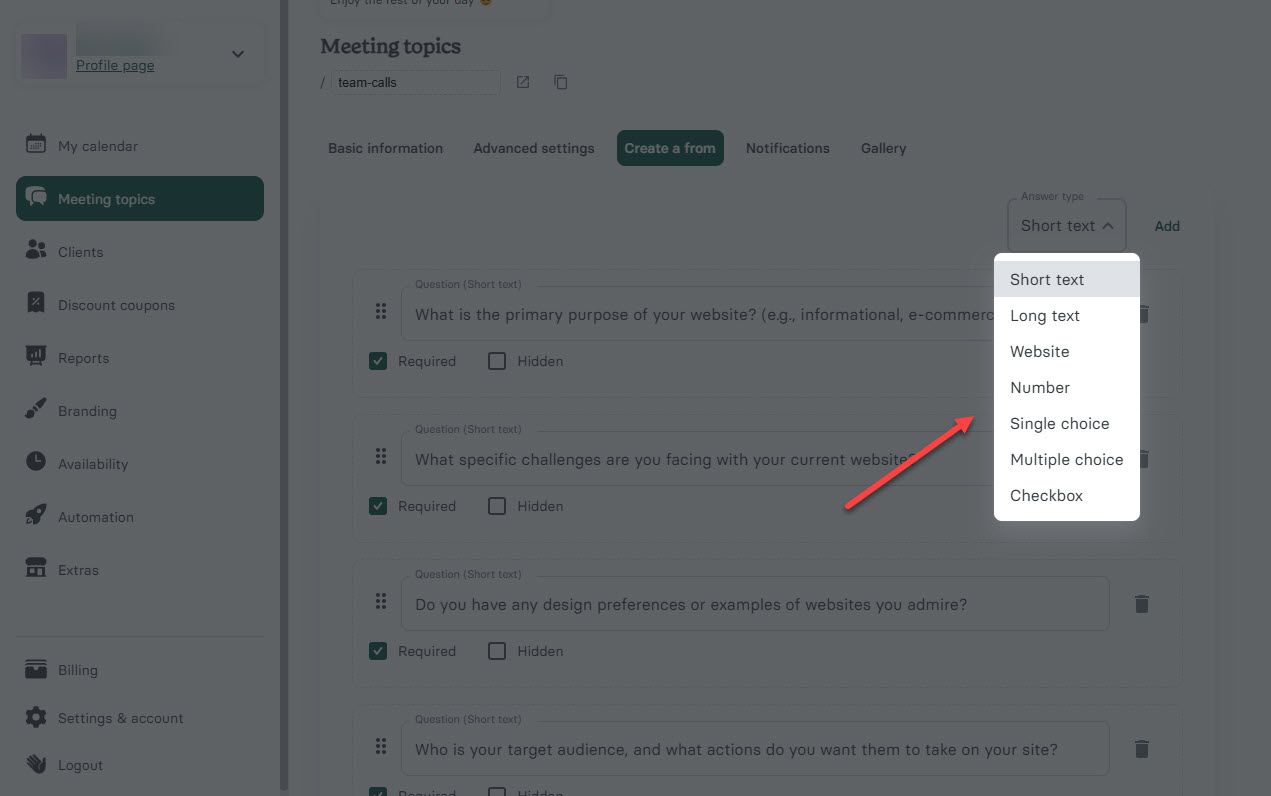 Question Types for Booking Pages