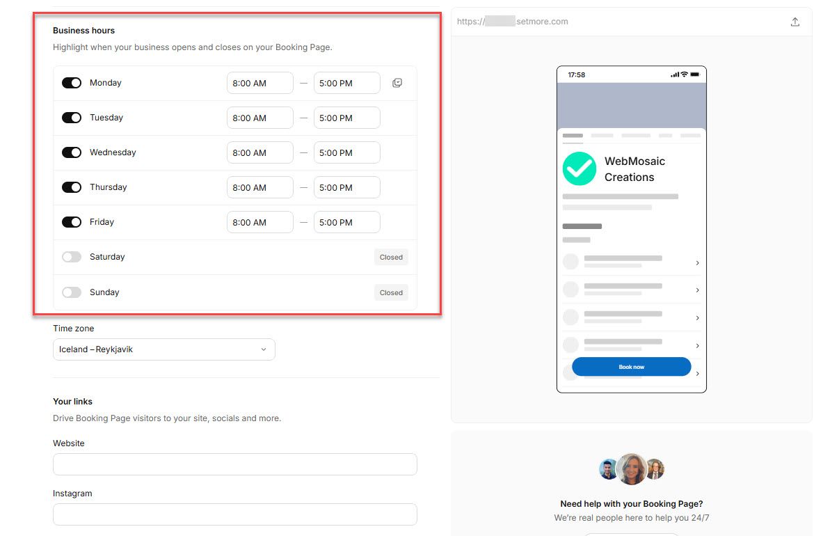 Choose Business Hours in Setmore
