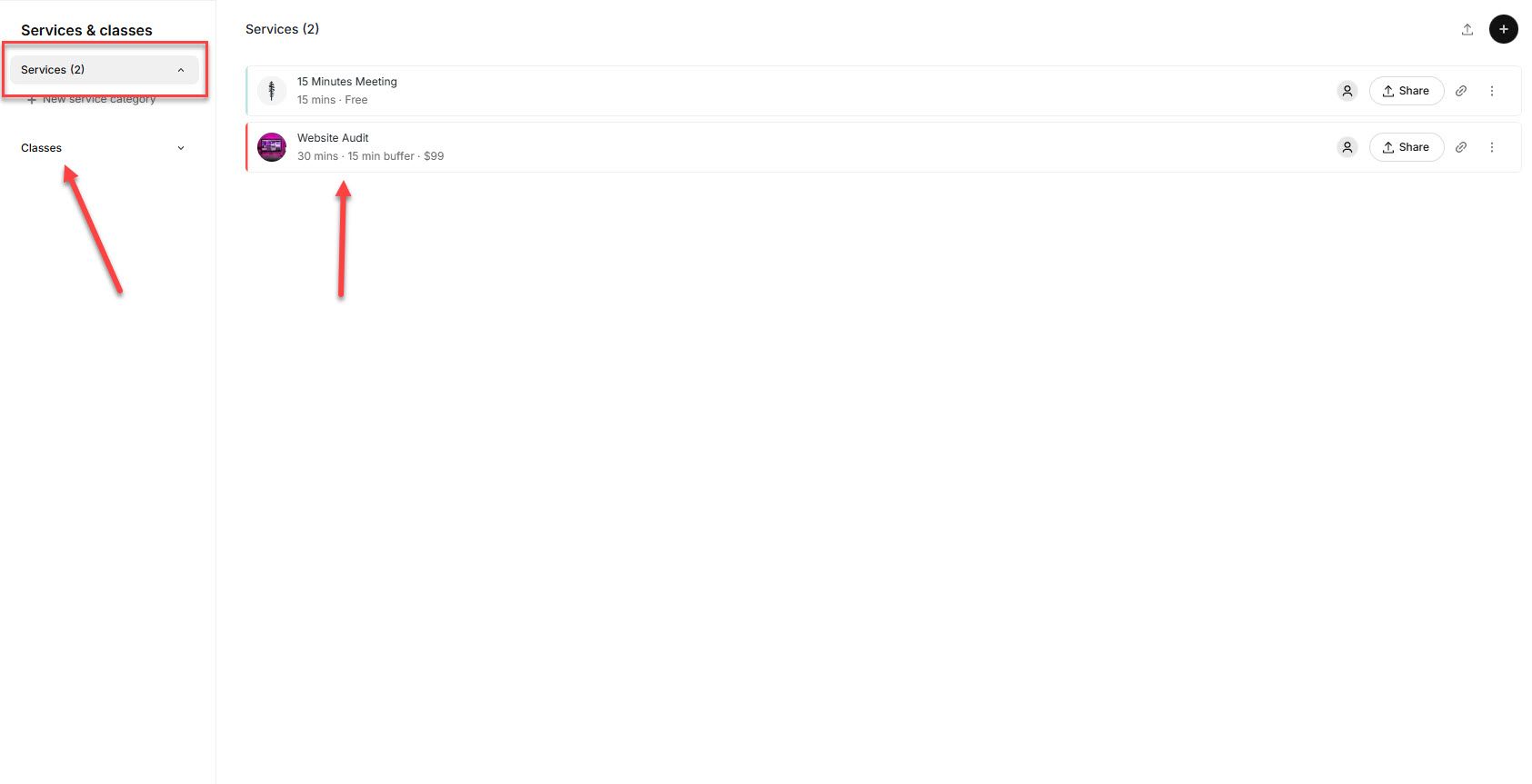 List of Services and Classes in Setmore