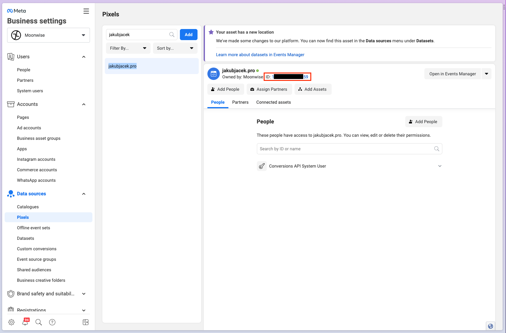 Meta Business Manager showing Pixel ID location