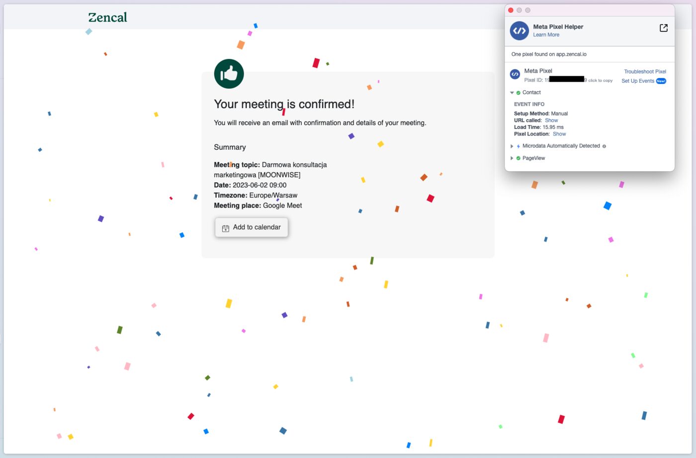 Meta Pixel Helper showing Contact event on appointment confirmation