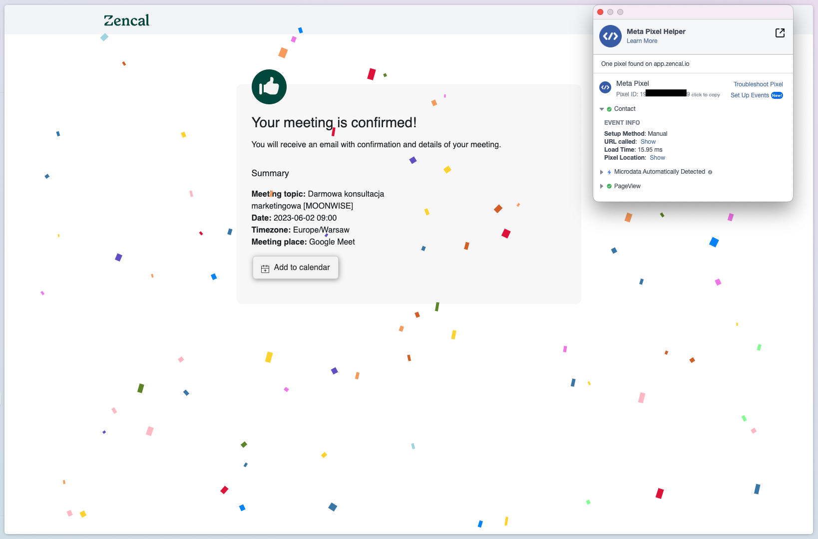 Meta Pixel Helper showing Contact event on appointment confirmation