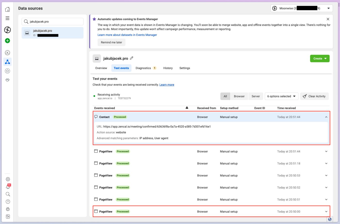 Meta Events Manager test events interface