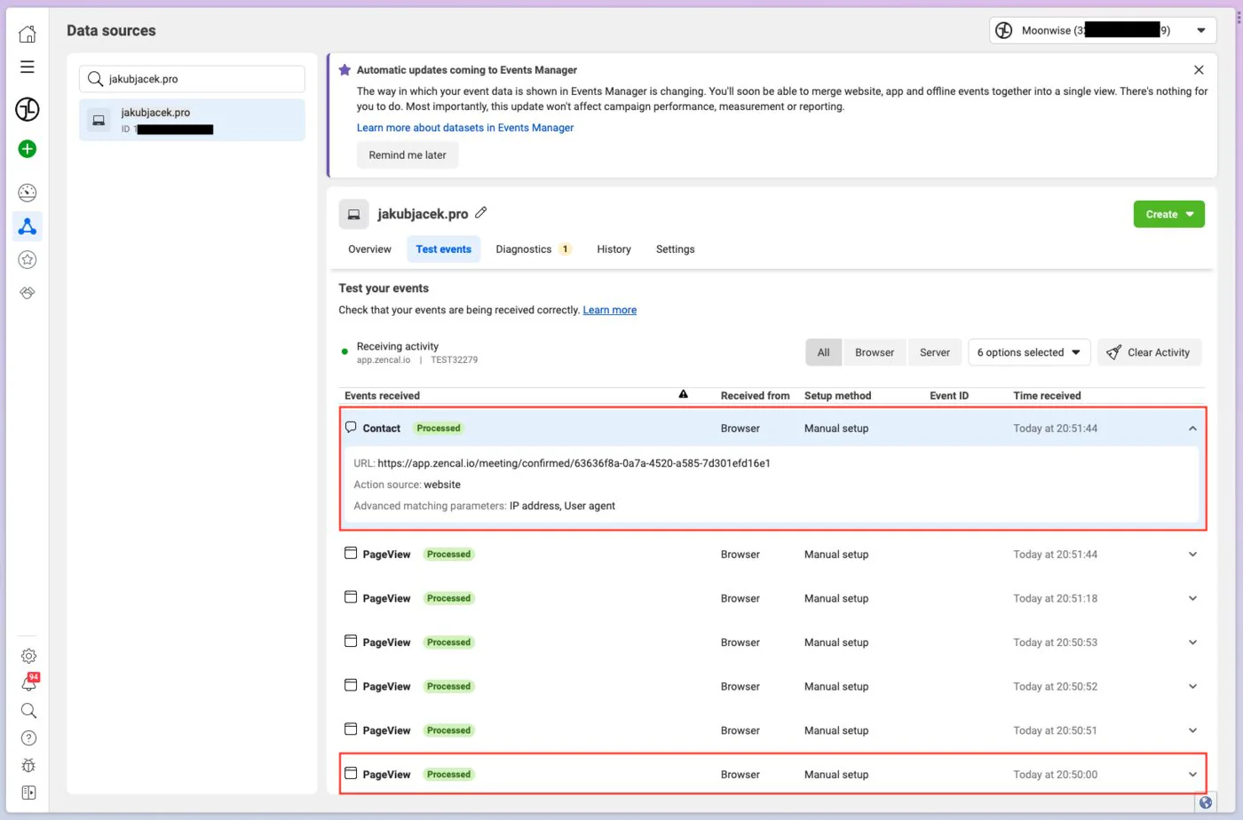Meta Events Manager test events interface