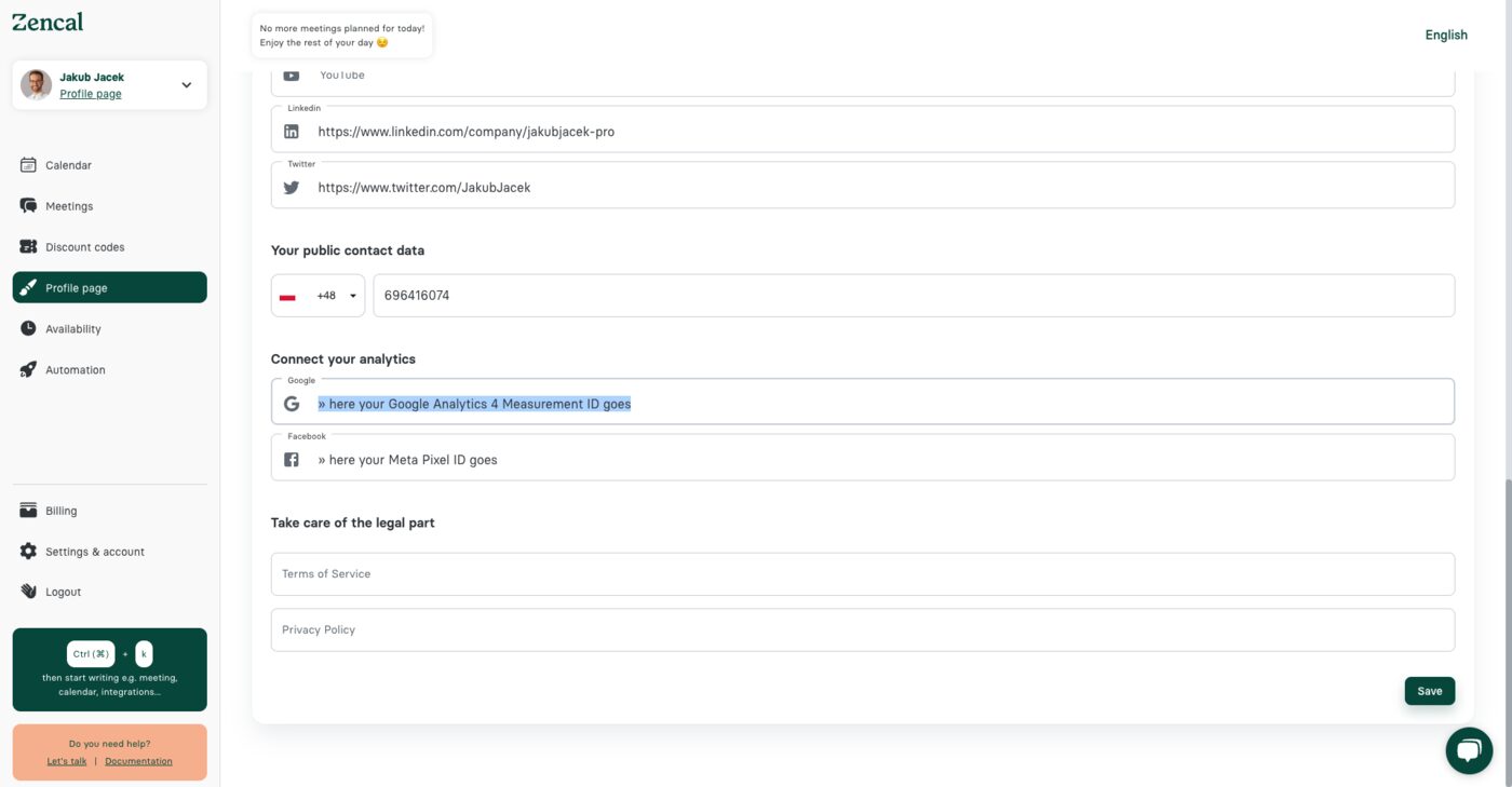 Zencal settings showing Google Analytics field