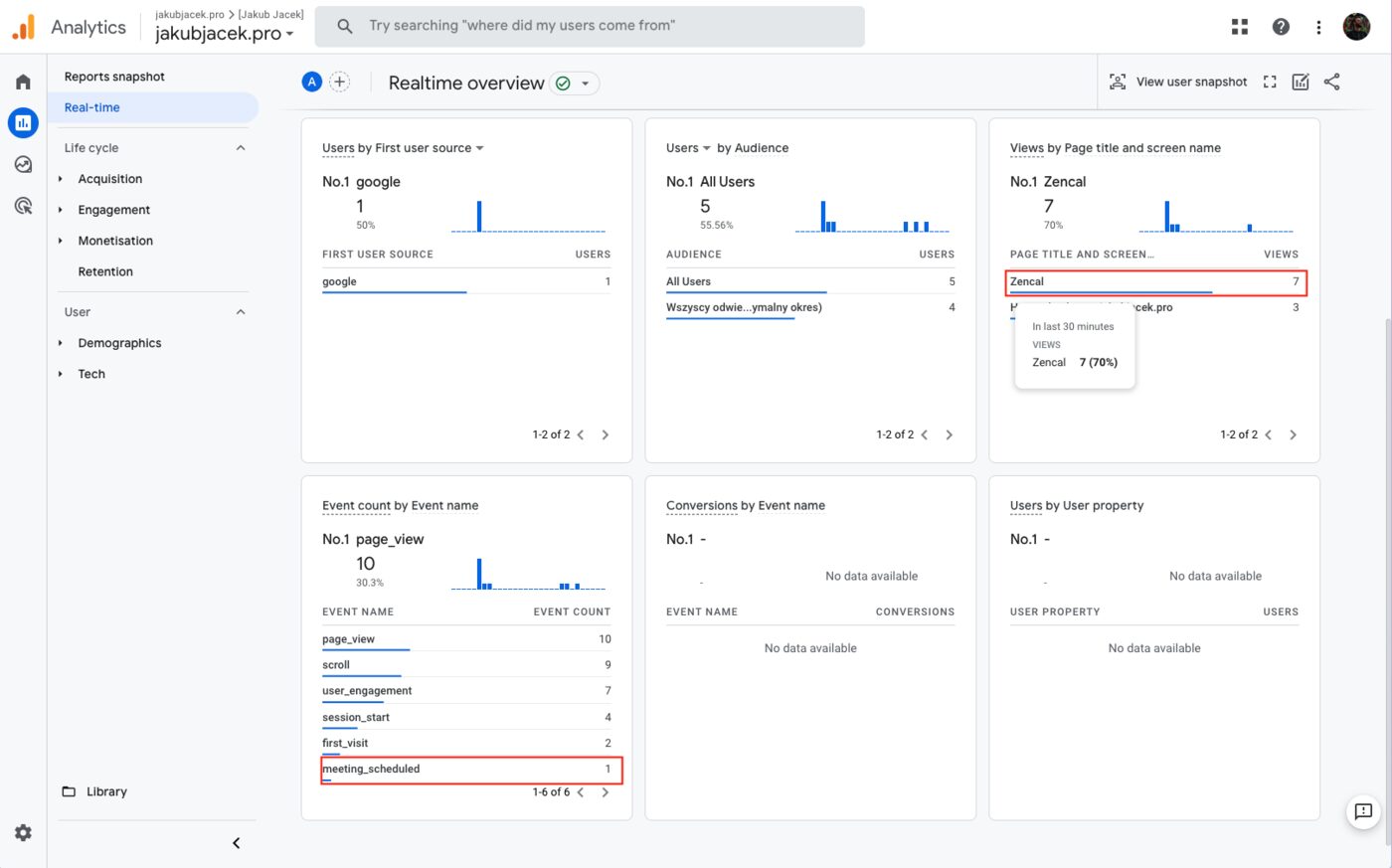 Google Analytics Real-Time report showing Zencal events