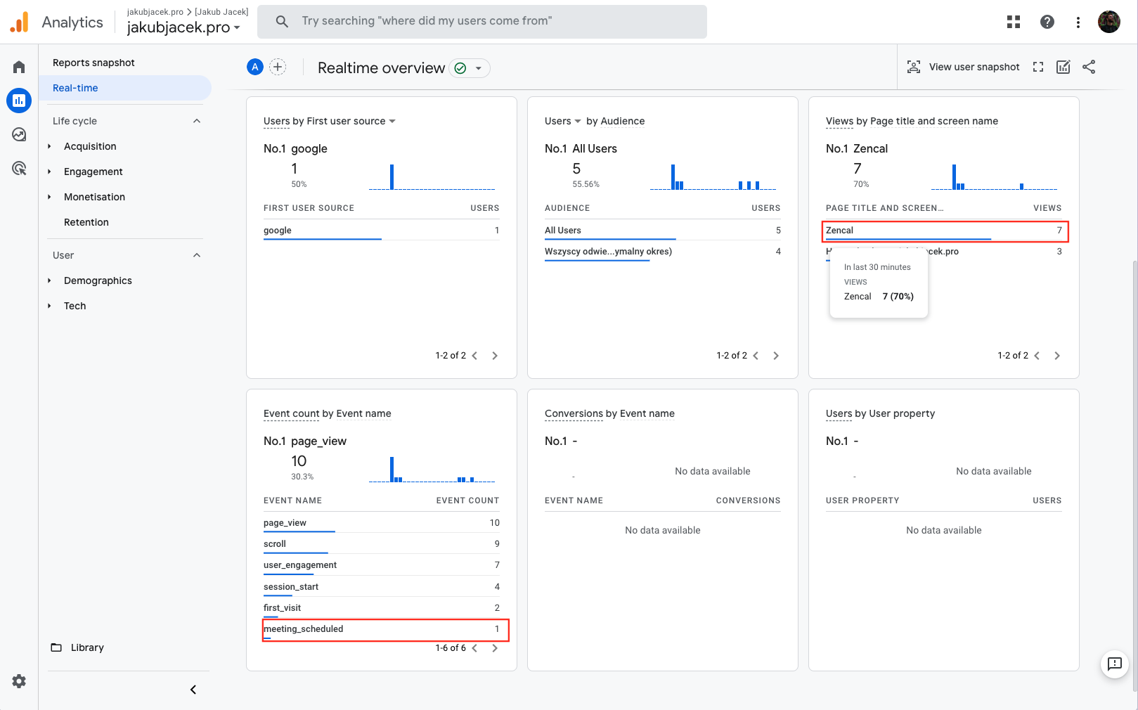 Google Analytics Real-Time report showing Zencal events