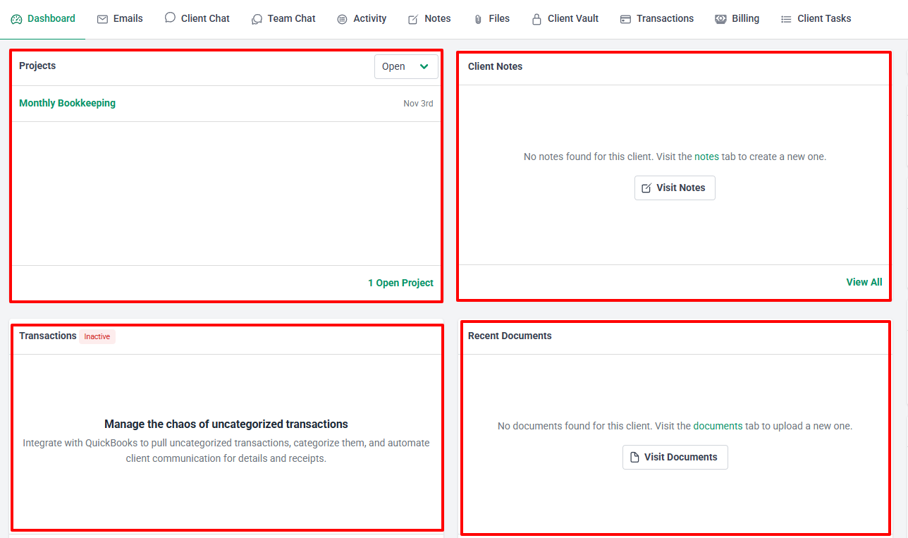 Financial Cents client dashboard with projects, notes, and transactions