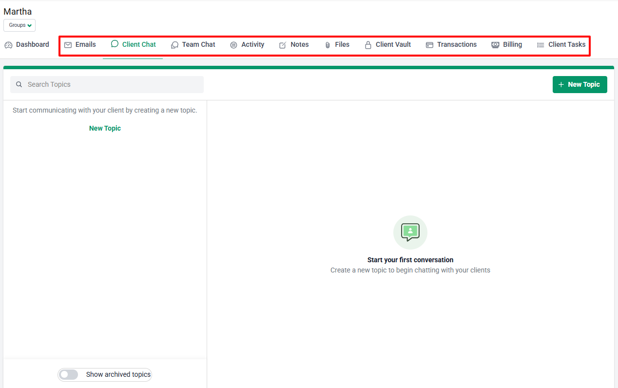 Financial Cents client tabs: emails, chat, files, vault, tasks, billing