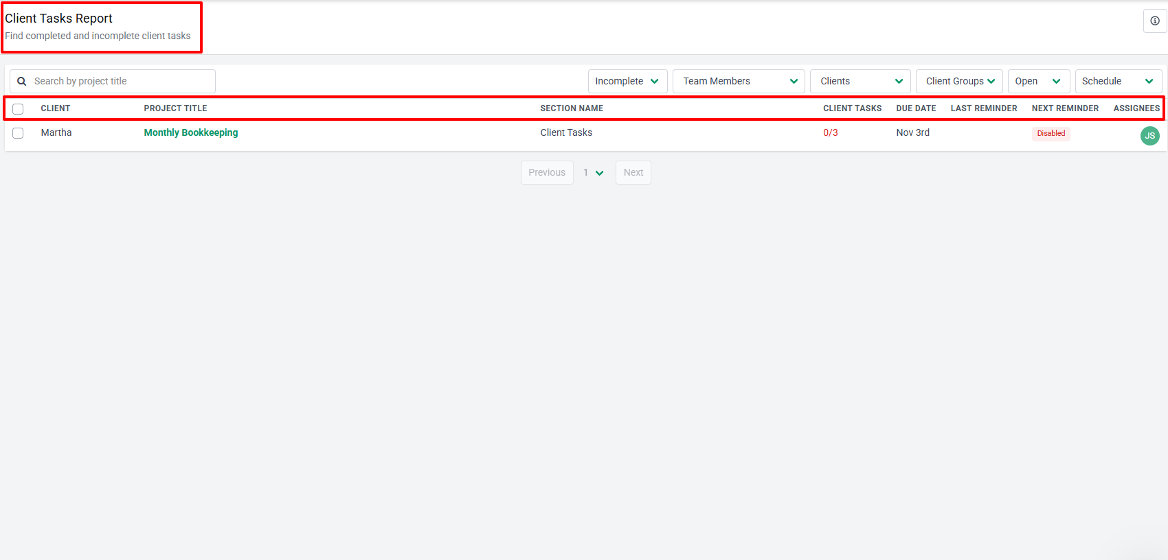 Financial Cents client tasks report with status and reminders
