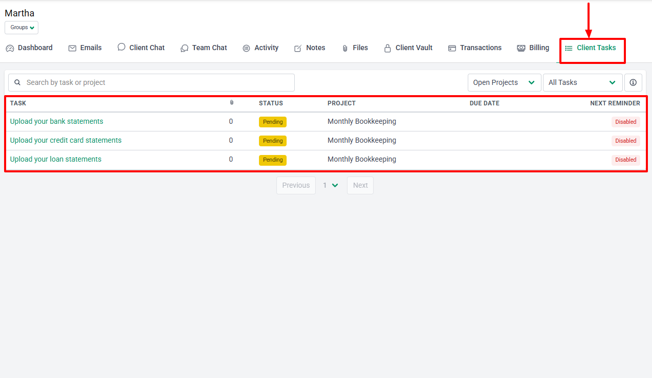 Financial Cents client tasks with status, project, and reminder details