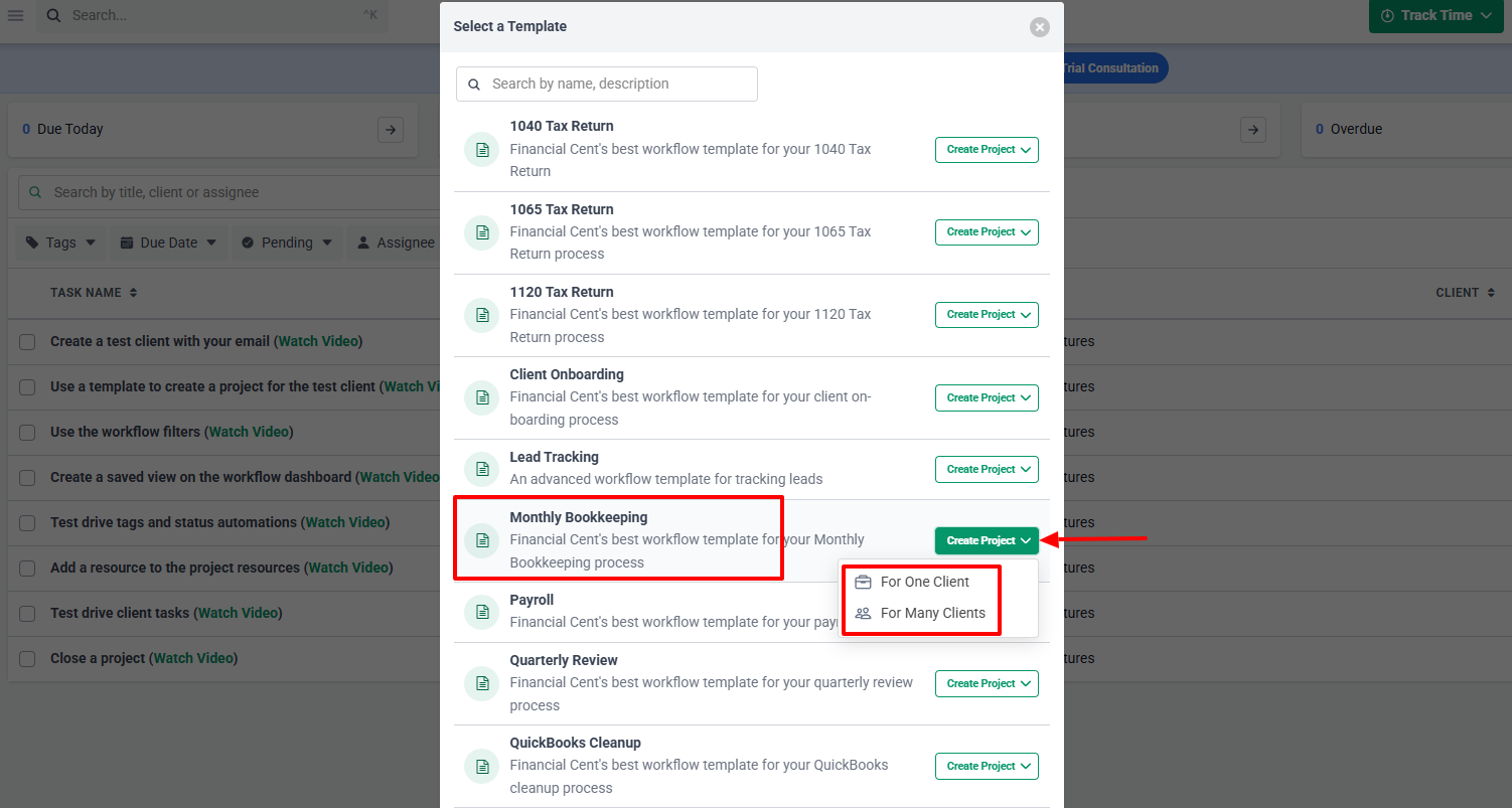 Financial Cents create project options for single or multiple clients