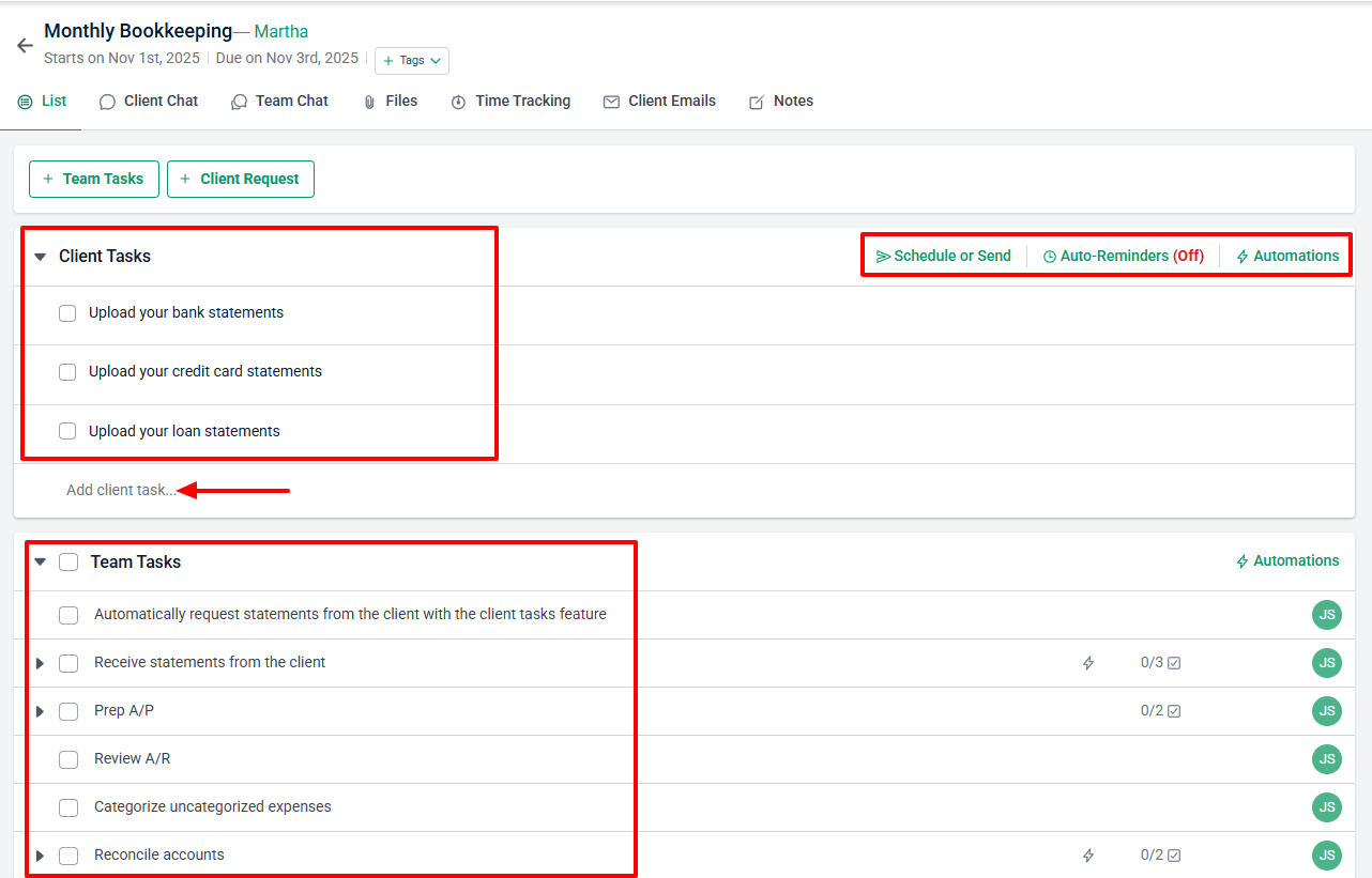 Financial Cents project tasks view with client and team tasks