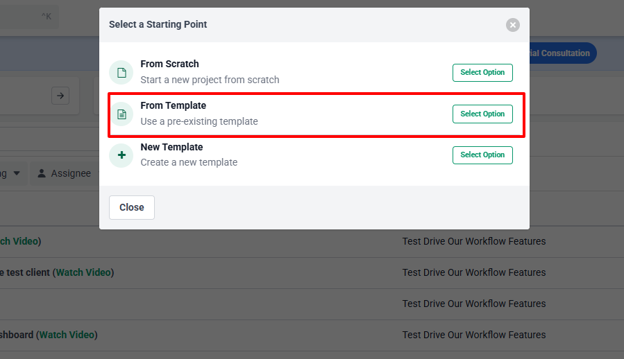 Financial Cents project template selection for Monthly Bookkeeping