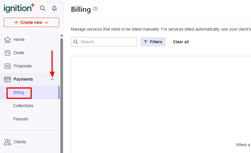 Ignition billing feature in the sidebar menu