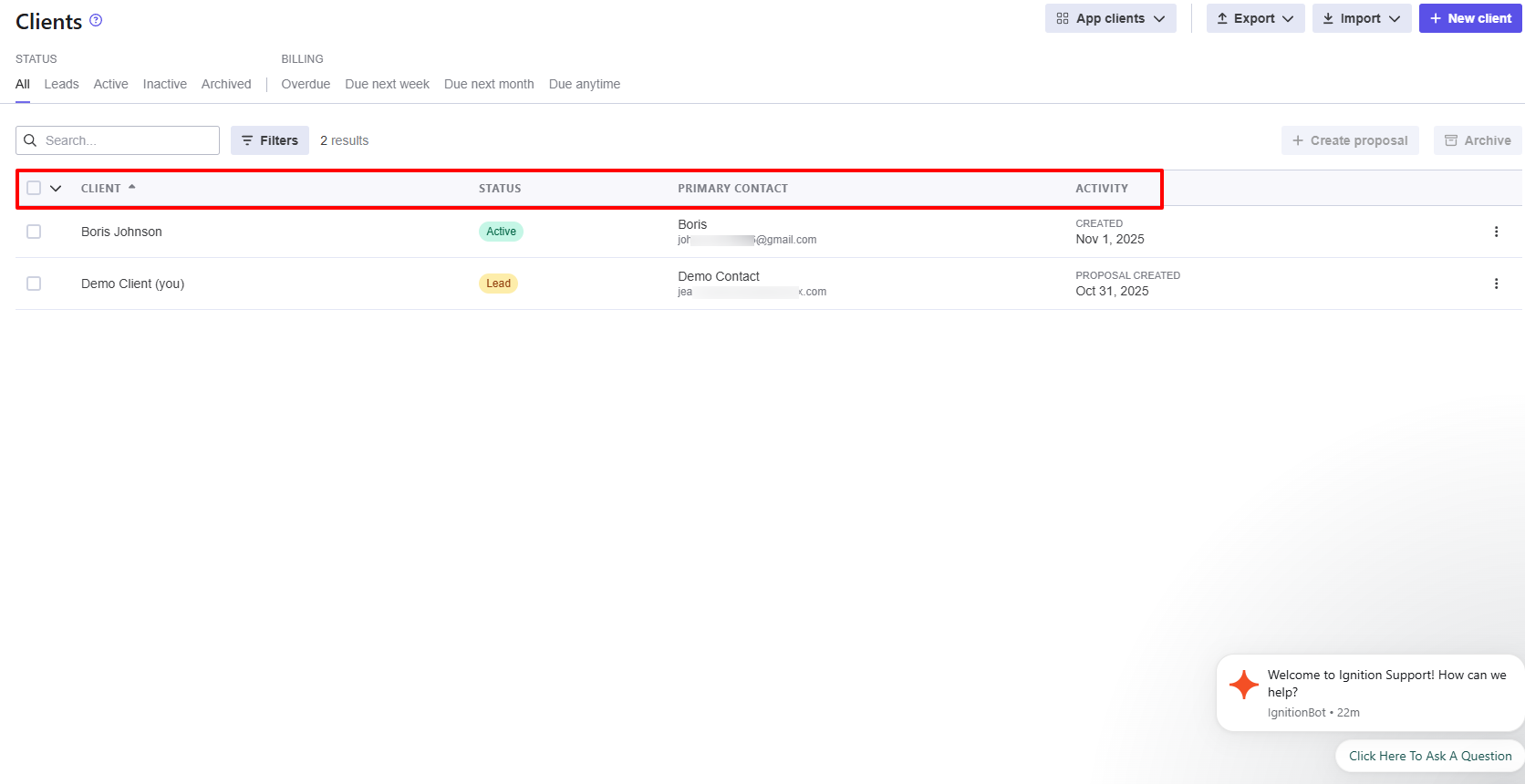Ignition client status options: active, inactive, archived, or lead