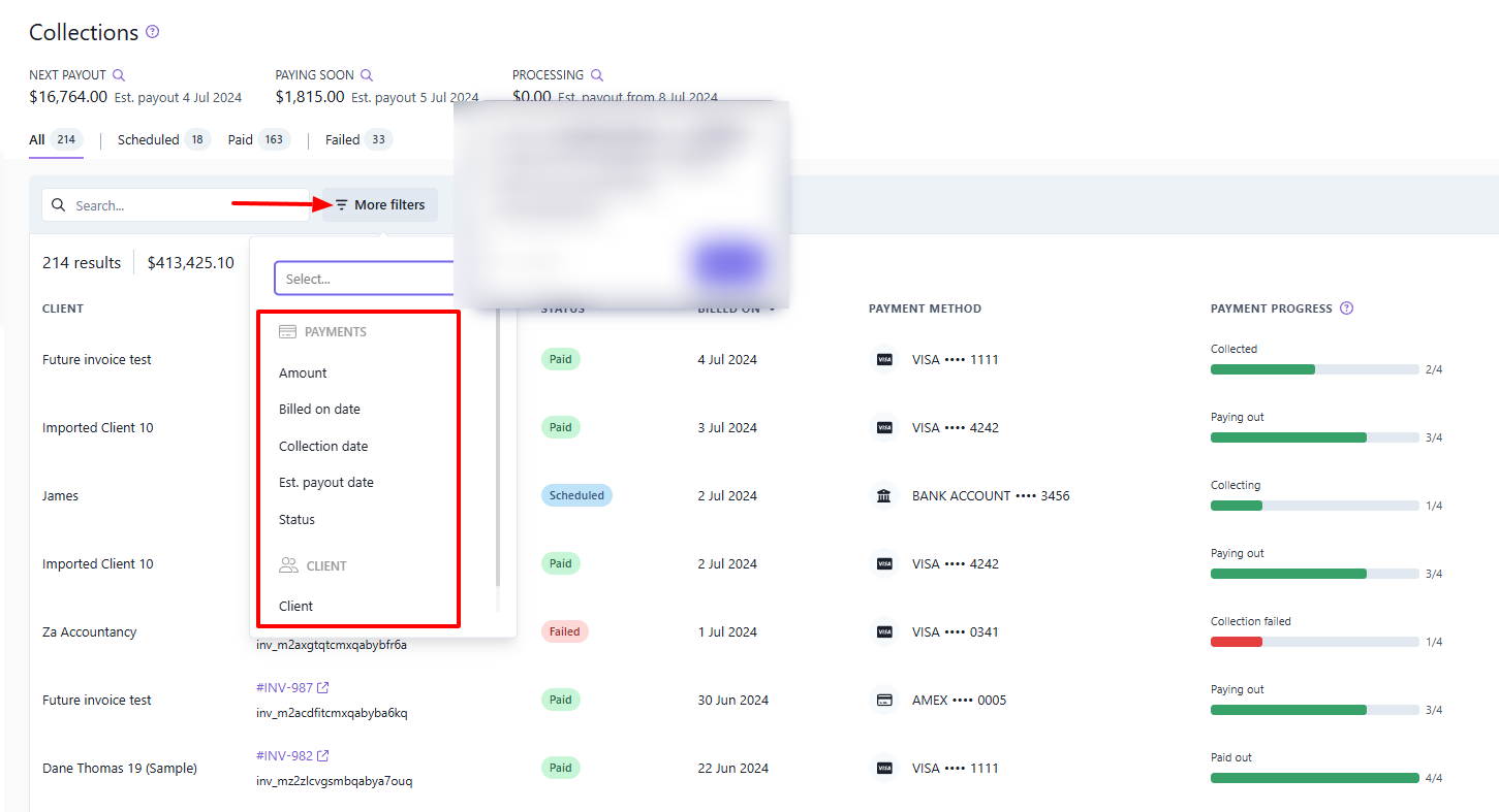 Ignition collections filters by amount, collection date, and status