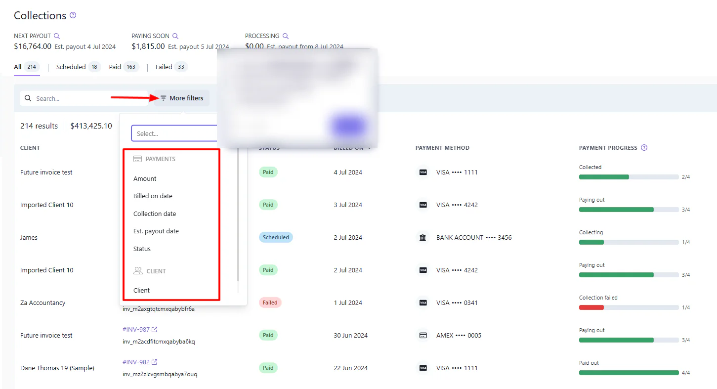 Ignition collections filters by amount, collection date, and status