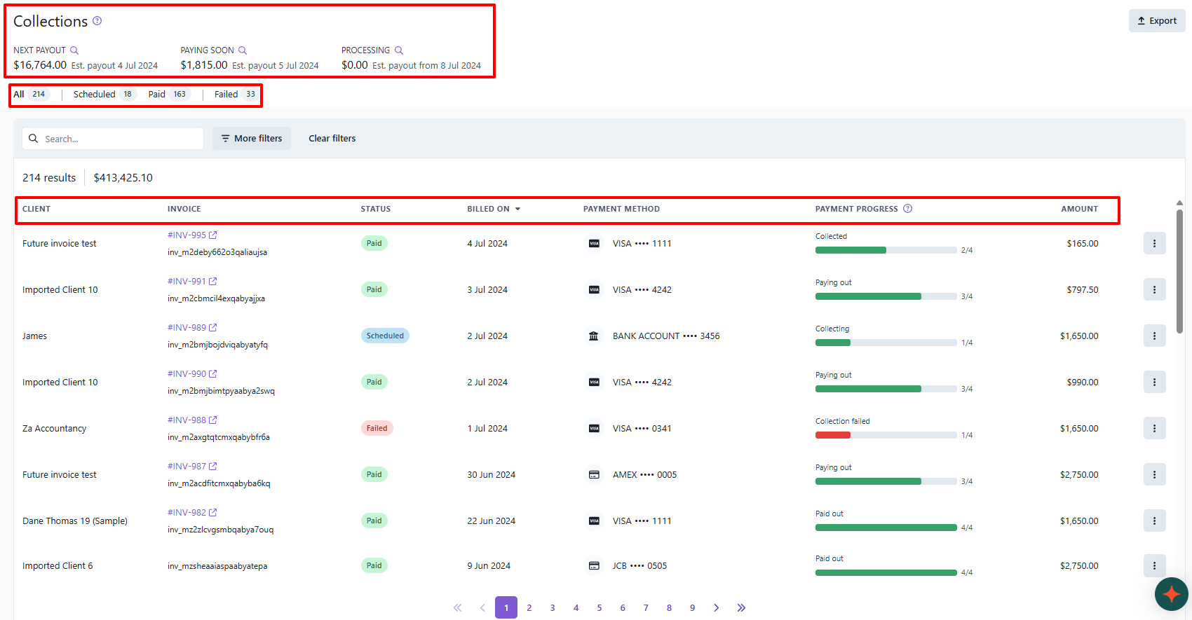 Ignition collections feature showing payment tracking and next payout