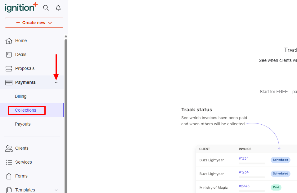 Ignition collections feature in the sidebar menu