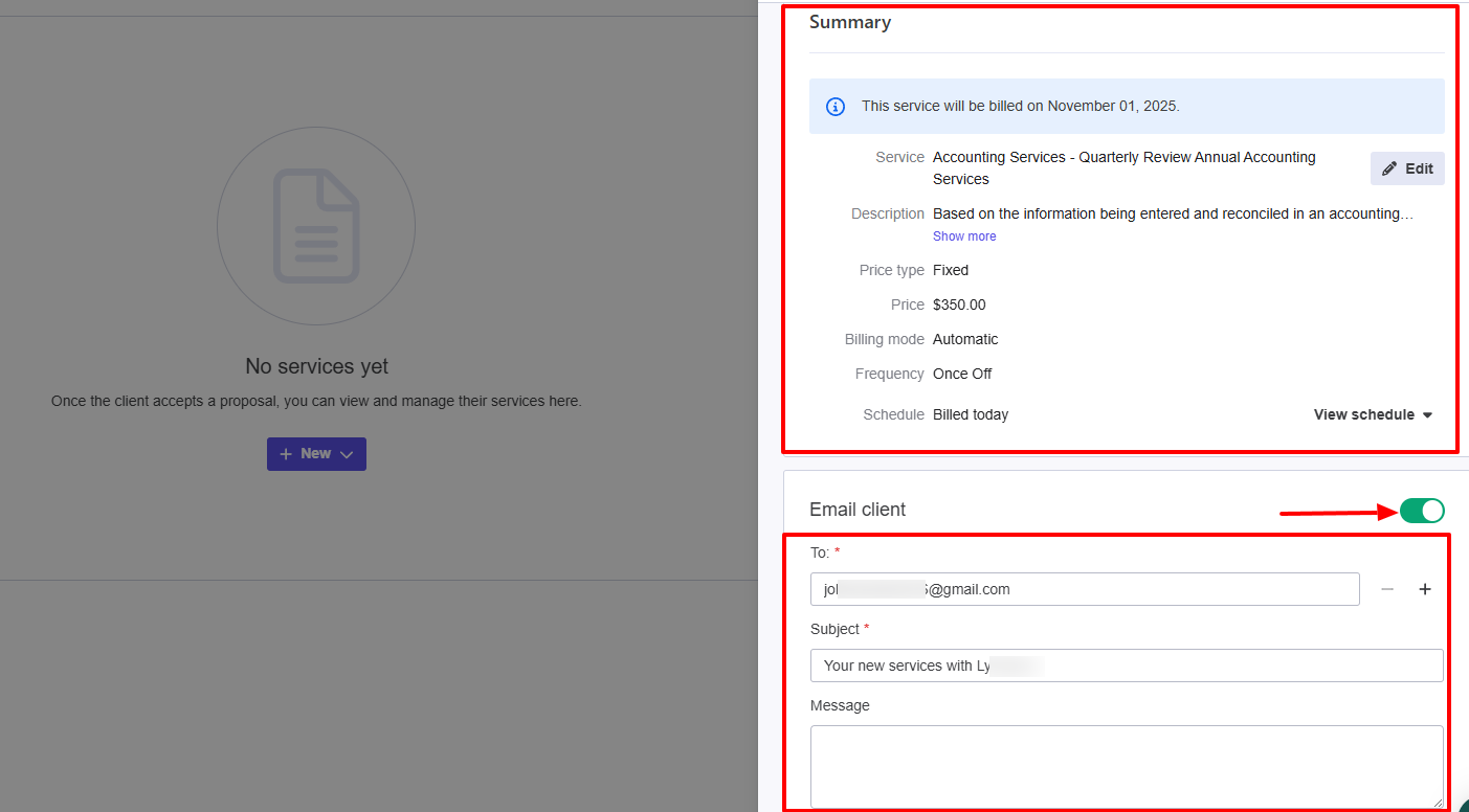 Ignition email client invoice with subject and message fields