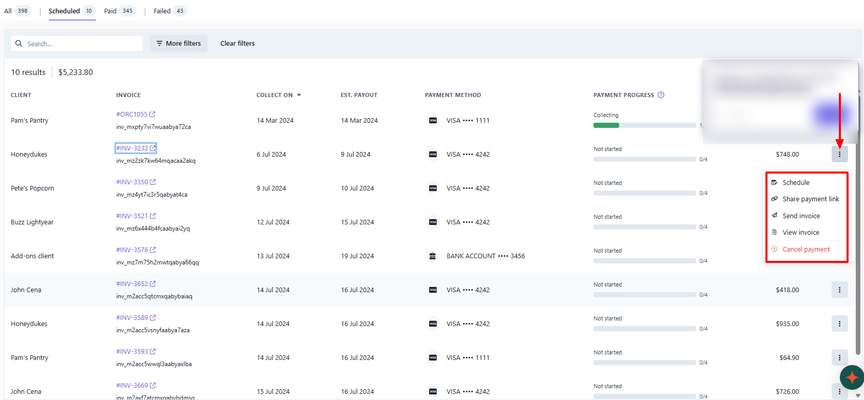 Ignition payment actions: reschedule, share link, send invoice, delete