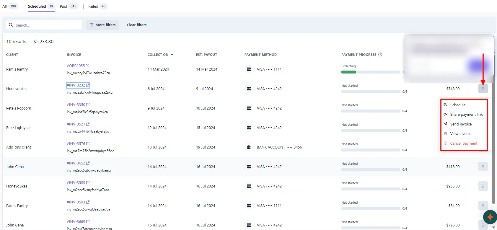 Ignition payment actions: reschedule, share link, send invoice, delete