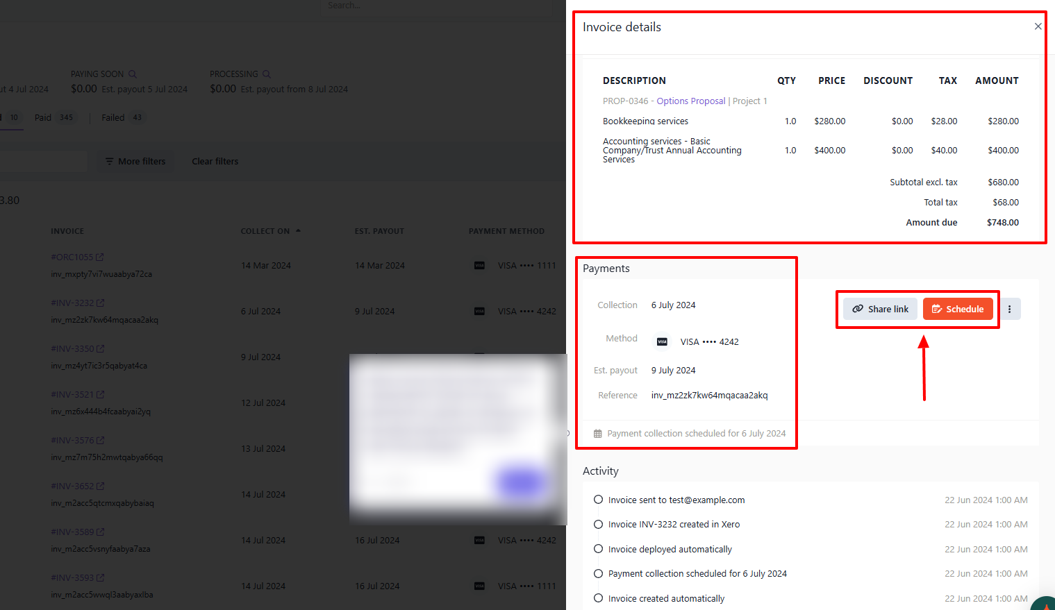 Ignition payment details showing invoice, payments, and activity