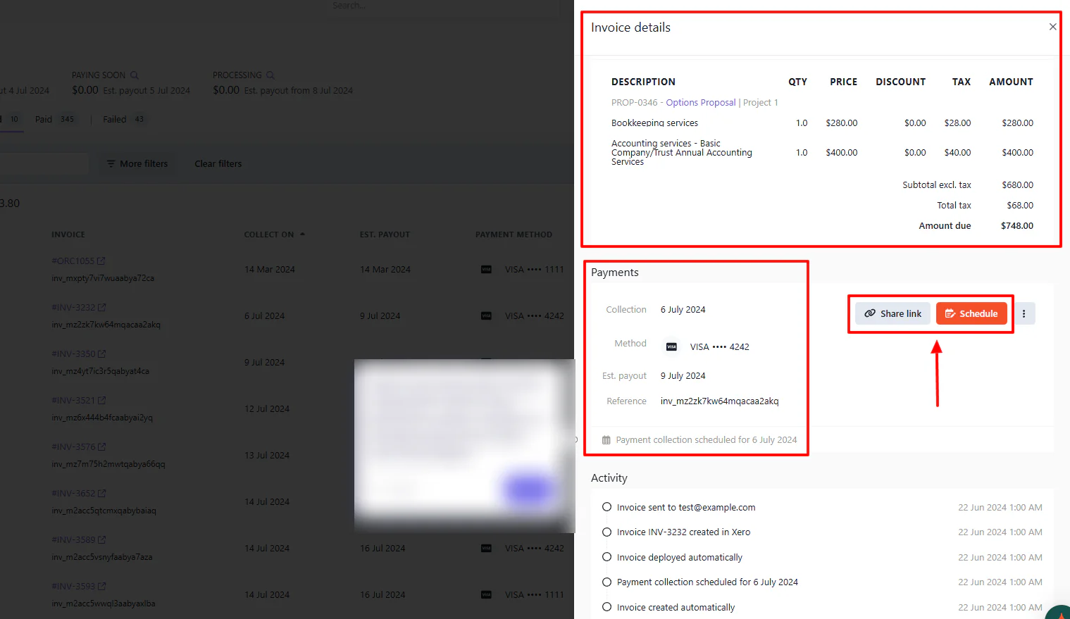 Ignition payment details showing invoice, payments, and activity