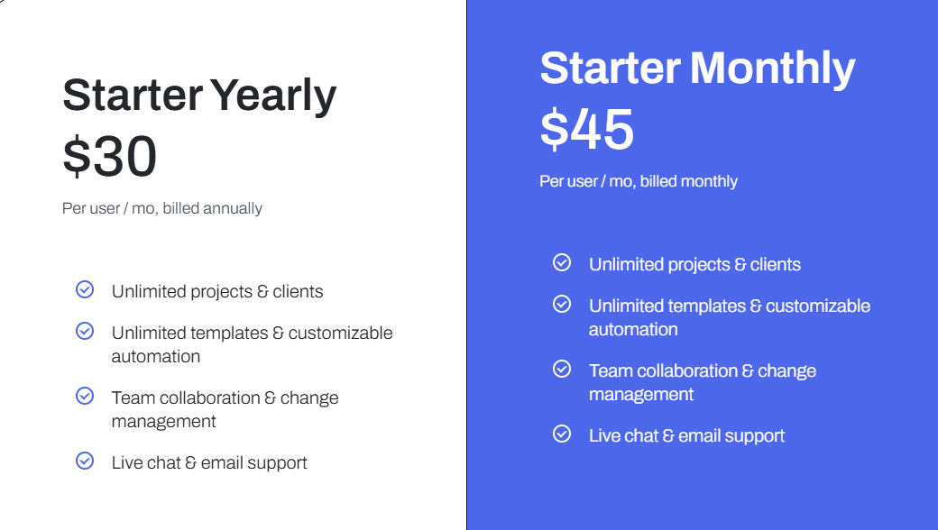 Jetpack Workflow pricing: Starter Yearly $30/user/month, Starter Monthly $45/user/month