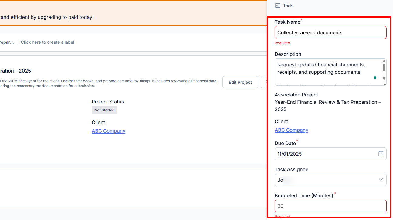 Jetpack Workflow project task form with all details