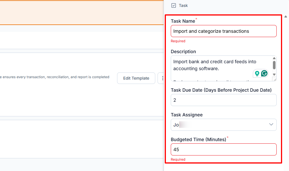 Jetpack Workflow task details form with assignee and budgeted time