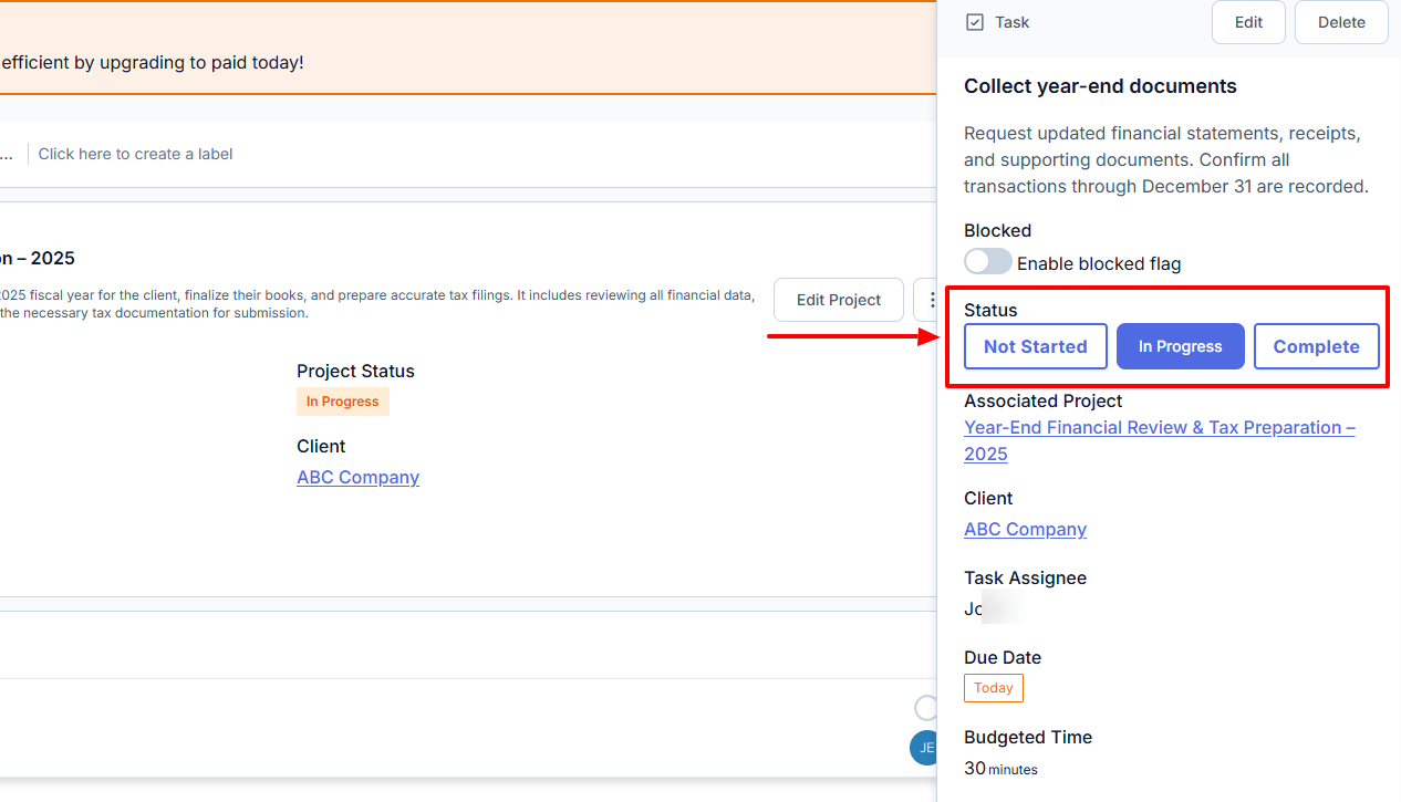 Jetpack Workflow task status options: Not started, In Progress, Complete