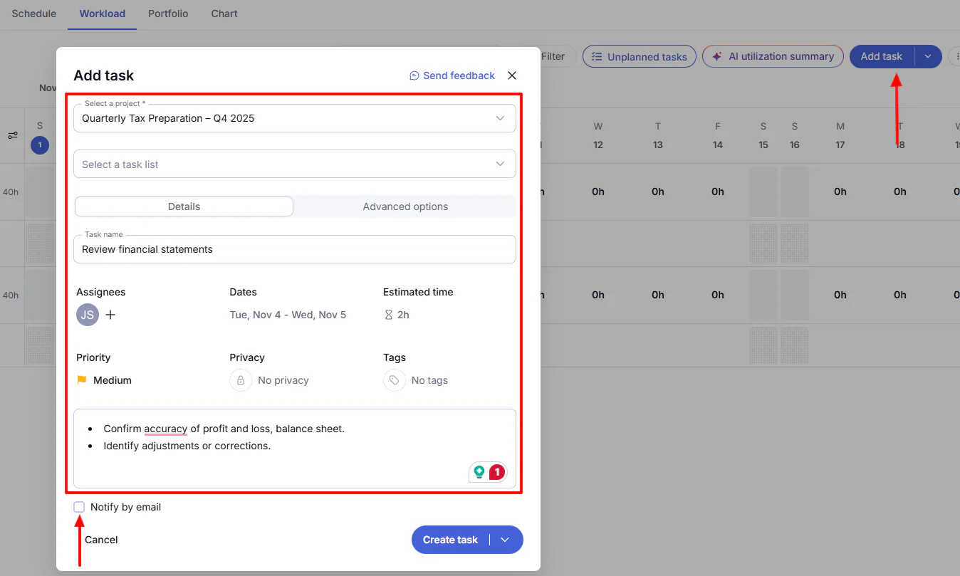 Teamwork add task to calendar with priority and email notification