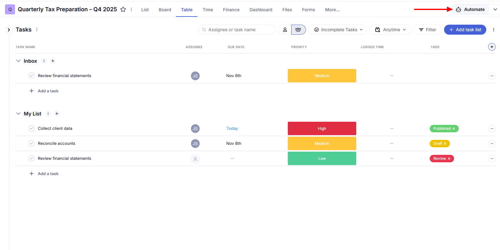 Teamwork automate button on the right side of the interface