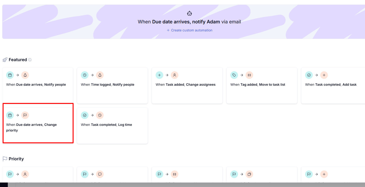 Teamwork automation template: When due date arrives, Change priority
