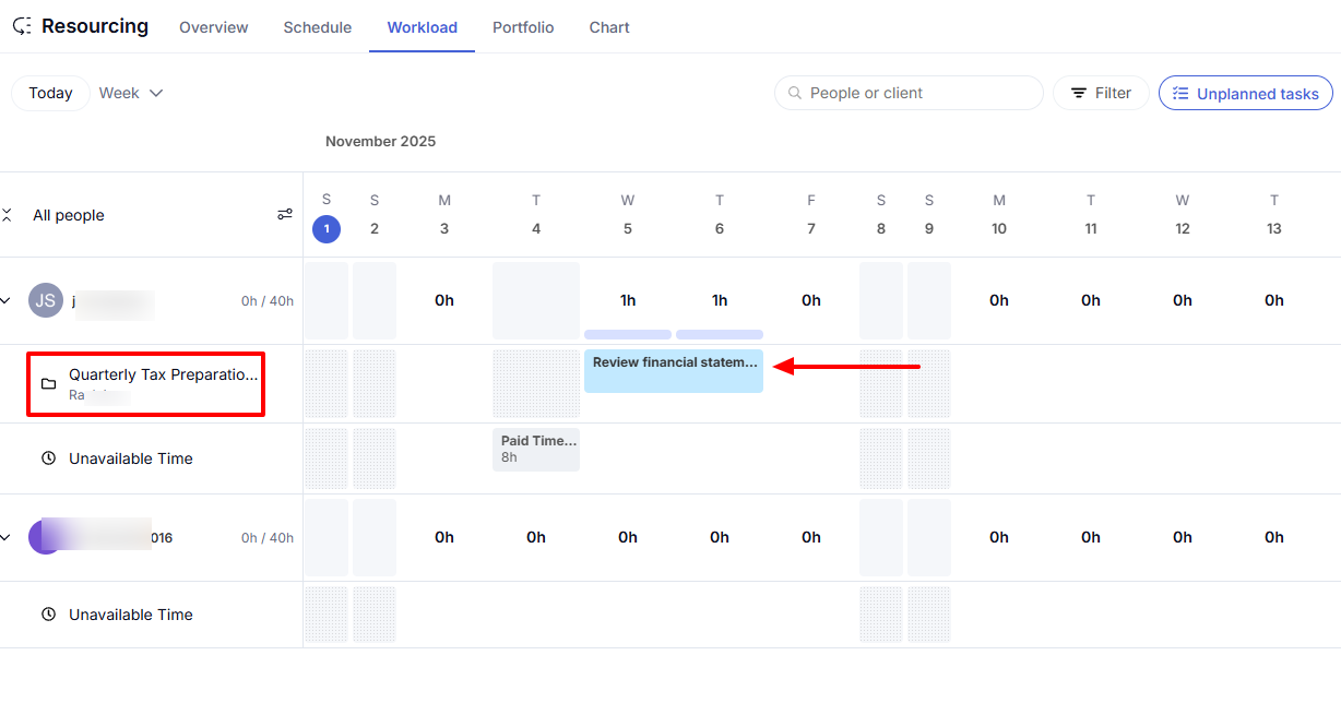 Teamwork calendar with task assignment and unavailable time
