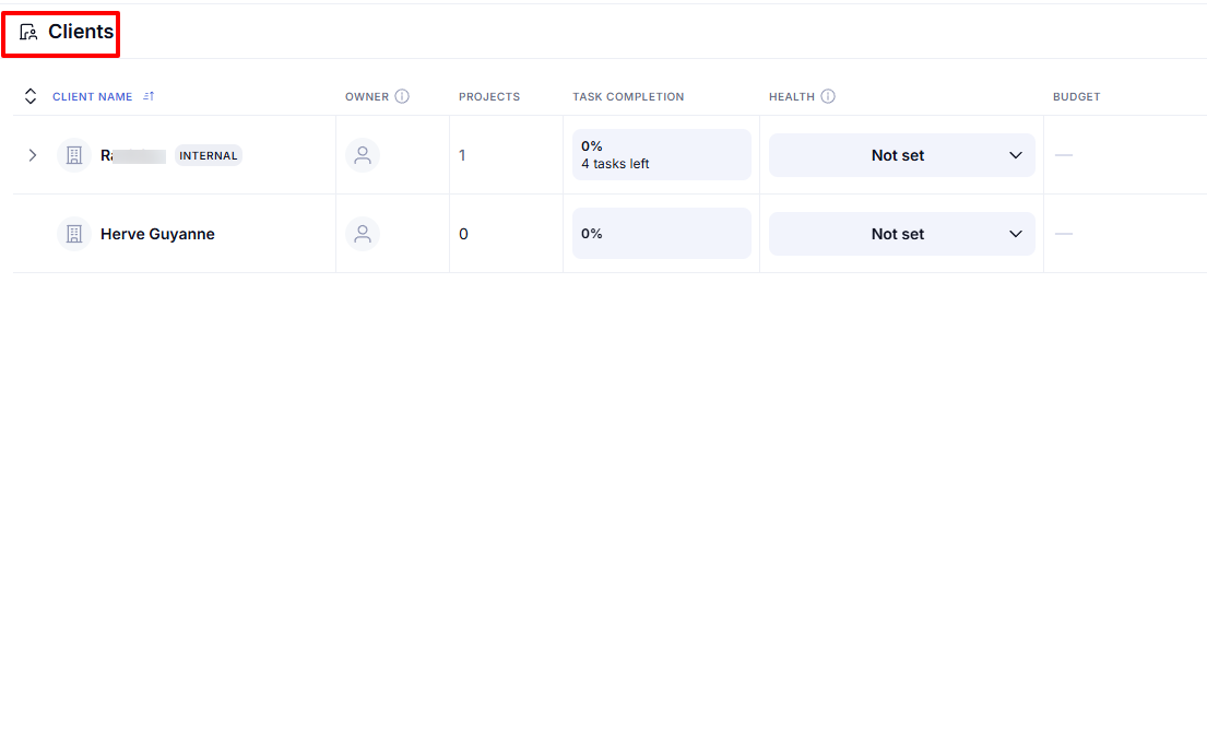 Teamwork clients overview with task completion rate