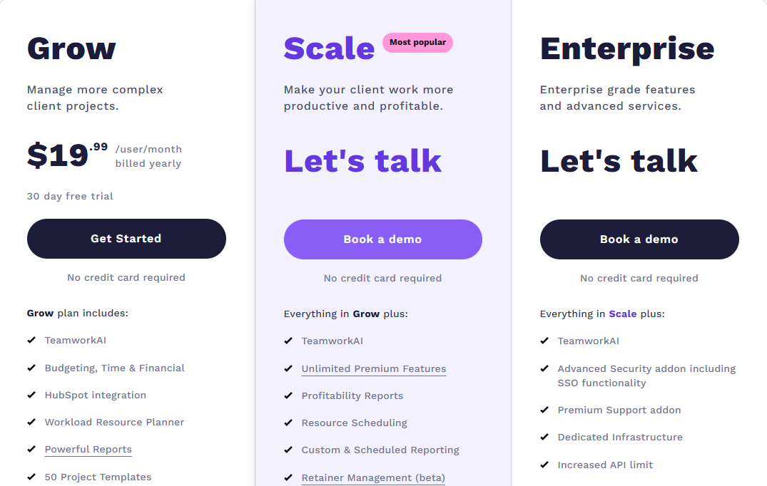 Teamwork pricing: Grow $19.99/user/month, Scale and Enterprise custom