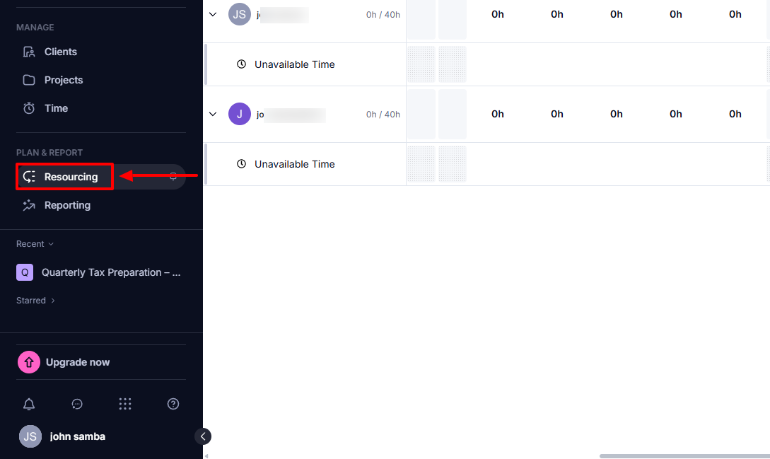 Teamwork resourcing feature in the sidebar navigation