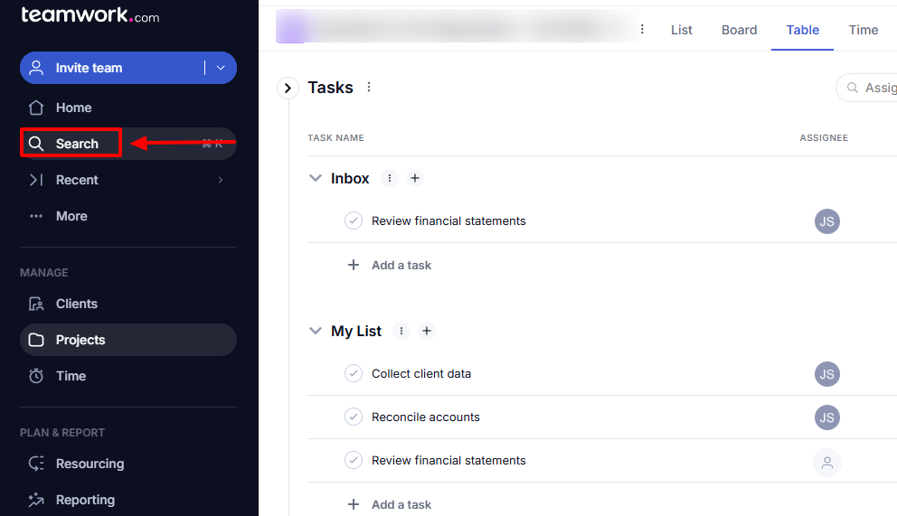 Teamwork search to find automation feature