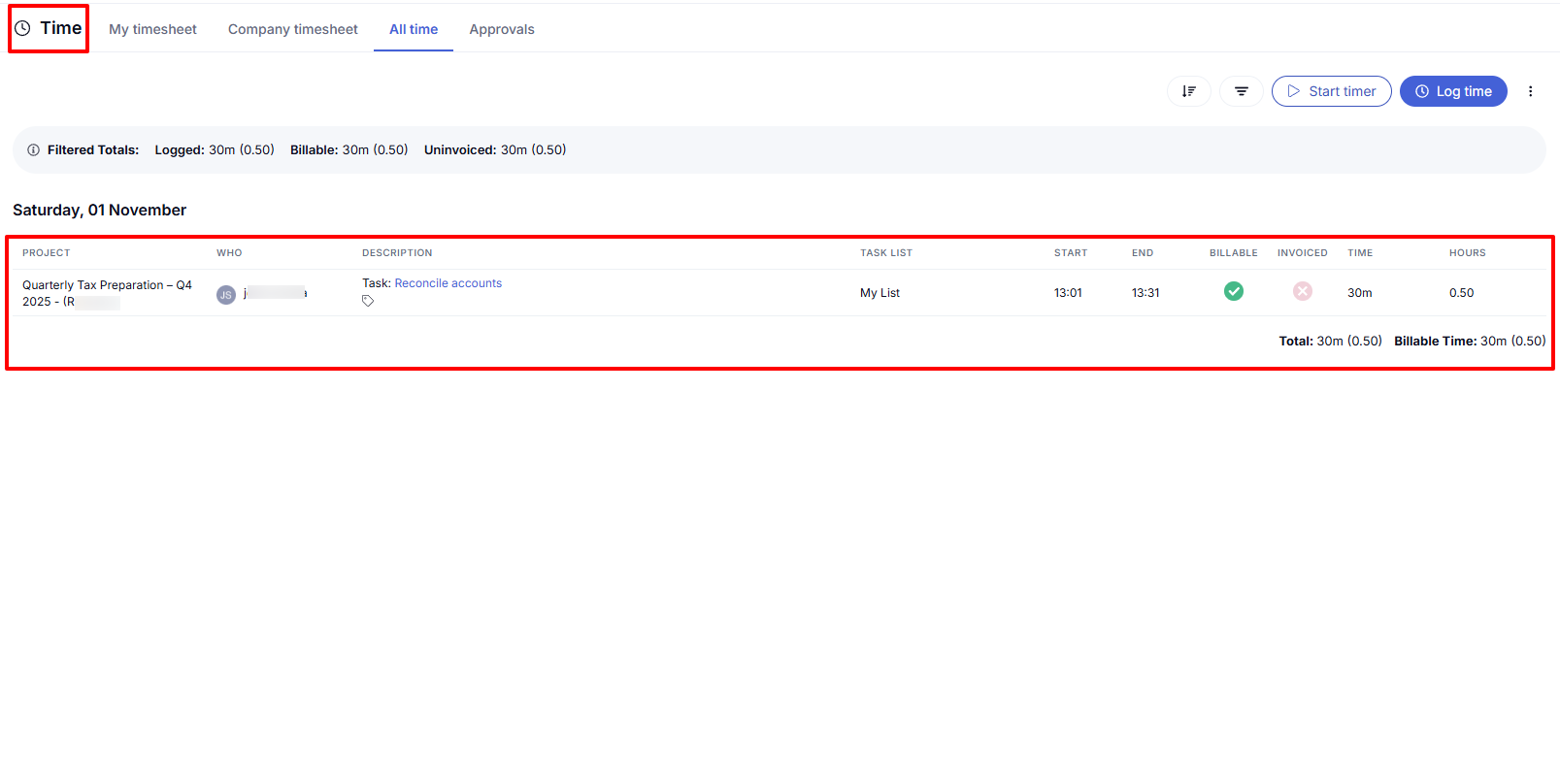 Teamwork time tracking for tasks with start and end time