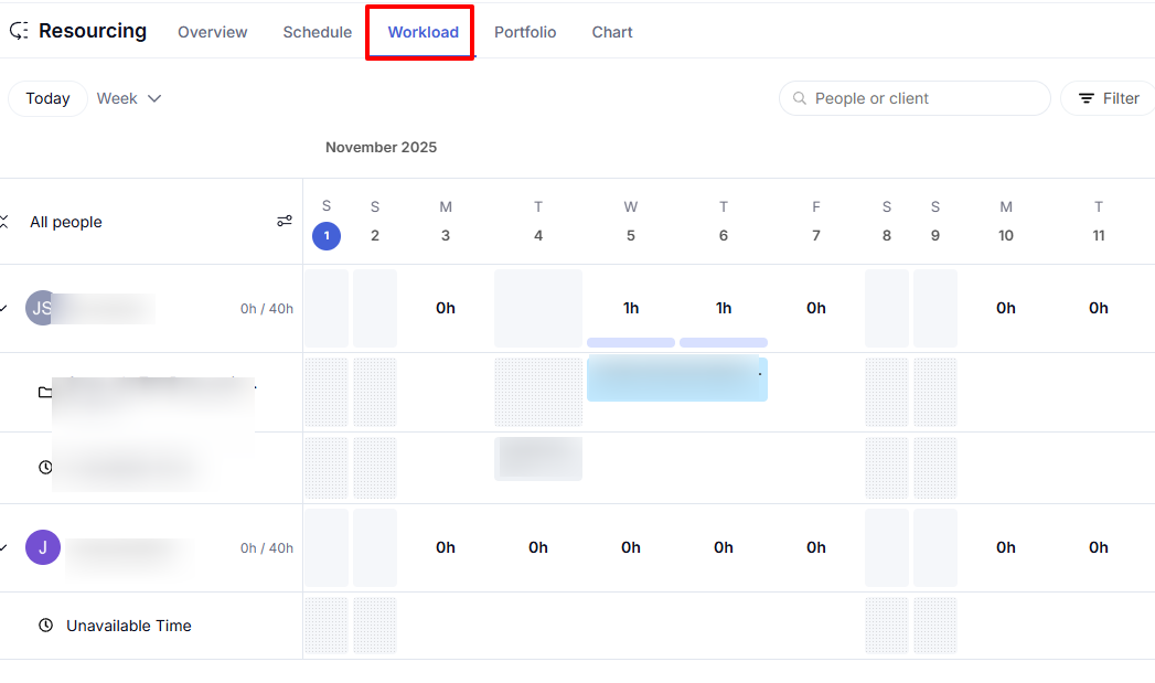 Teamwork workload calendar for selecting unavailable time