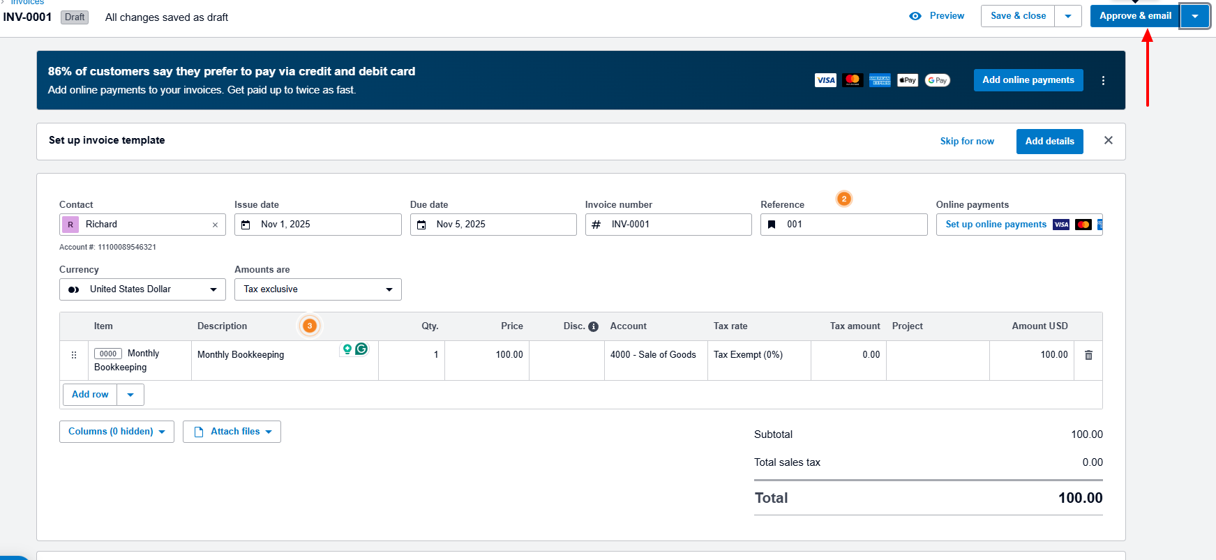 Xero approve and email invoice button