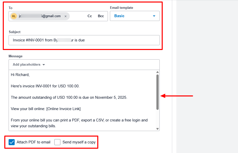 Xero email invoice settings with PDF attachment option