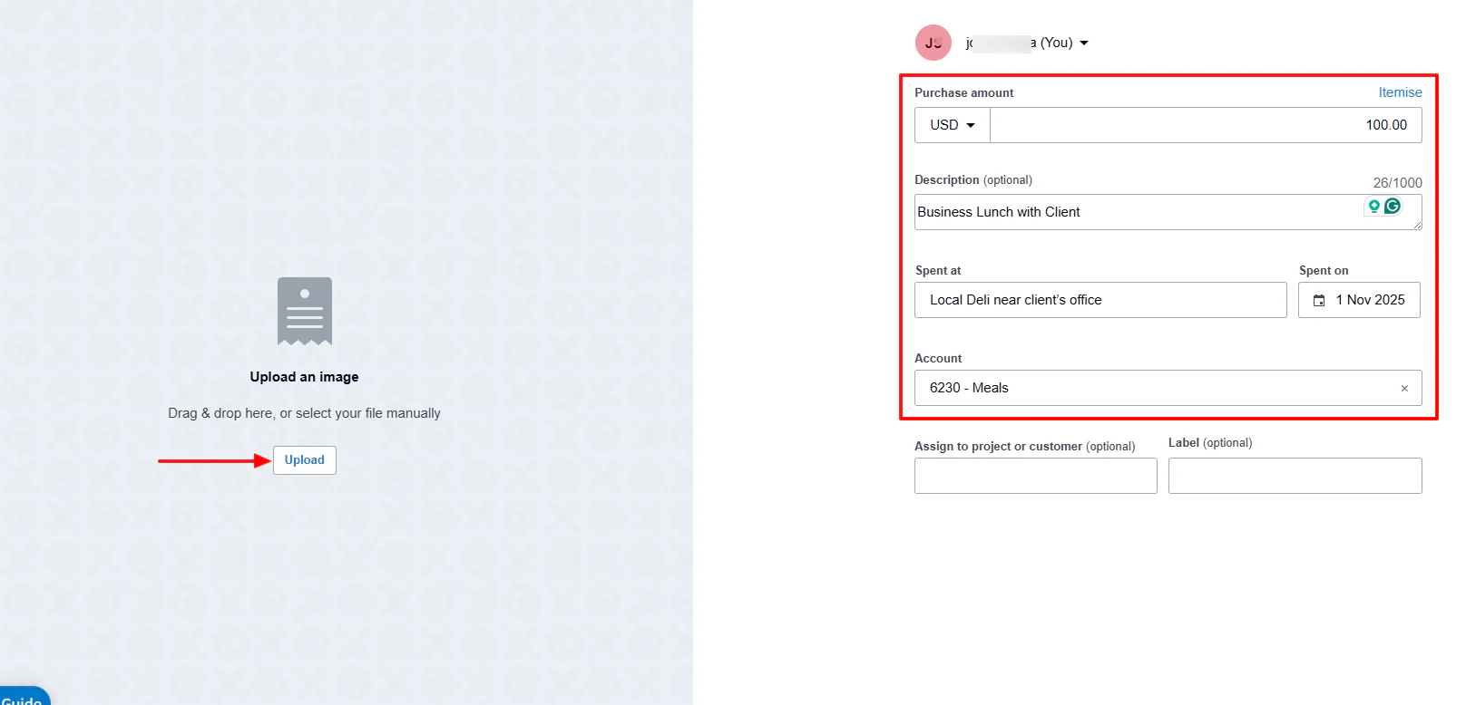 Xero expense claim form with receipt upload and amount fields