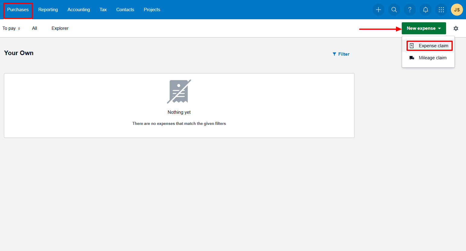 Xero expense claim feature in the sidebar menu