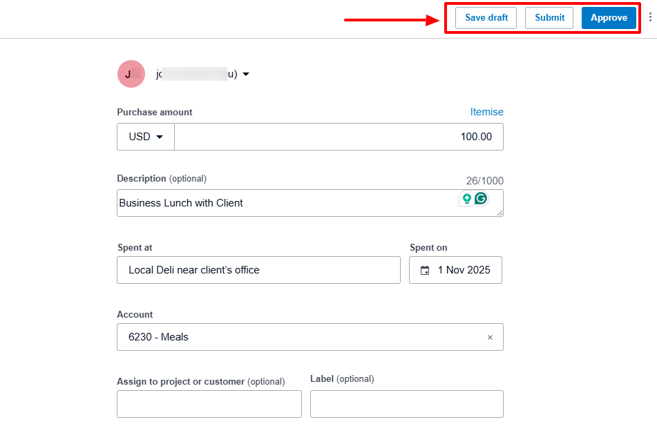 Xero expense save draft, submit, or approve options