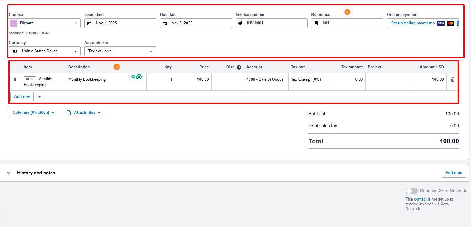 Xero invoice form with contact, dates, and service details